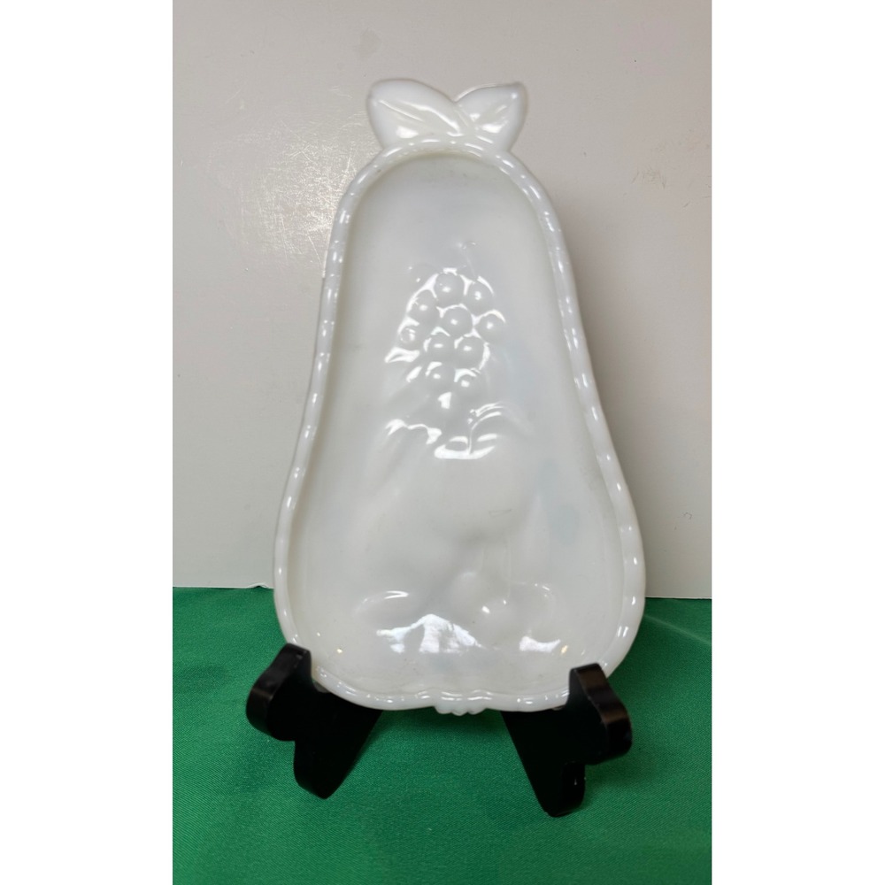 Vintage White Milk Glass Pear Shaped Dish Embossed Flowers Fruit Candy Trinket